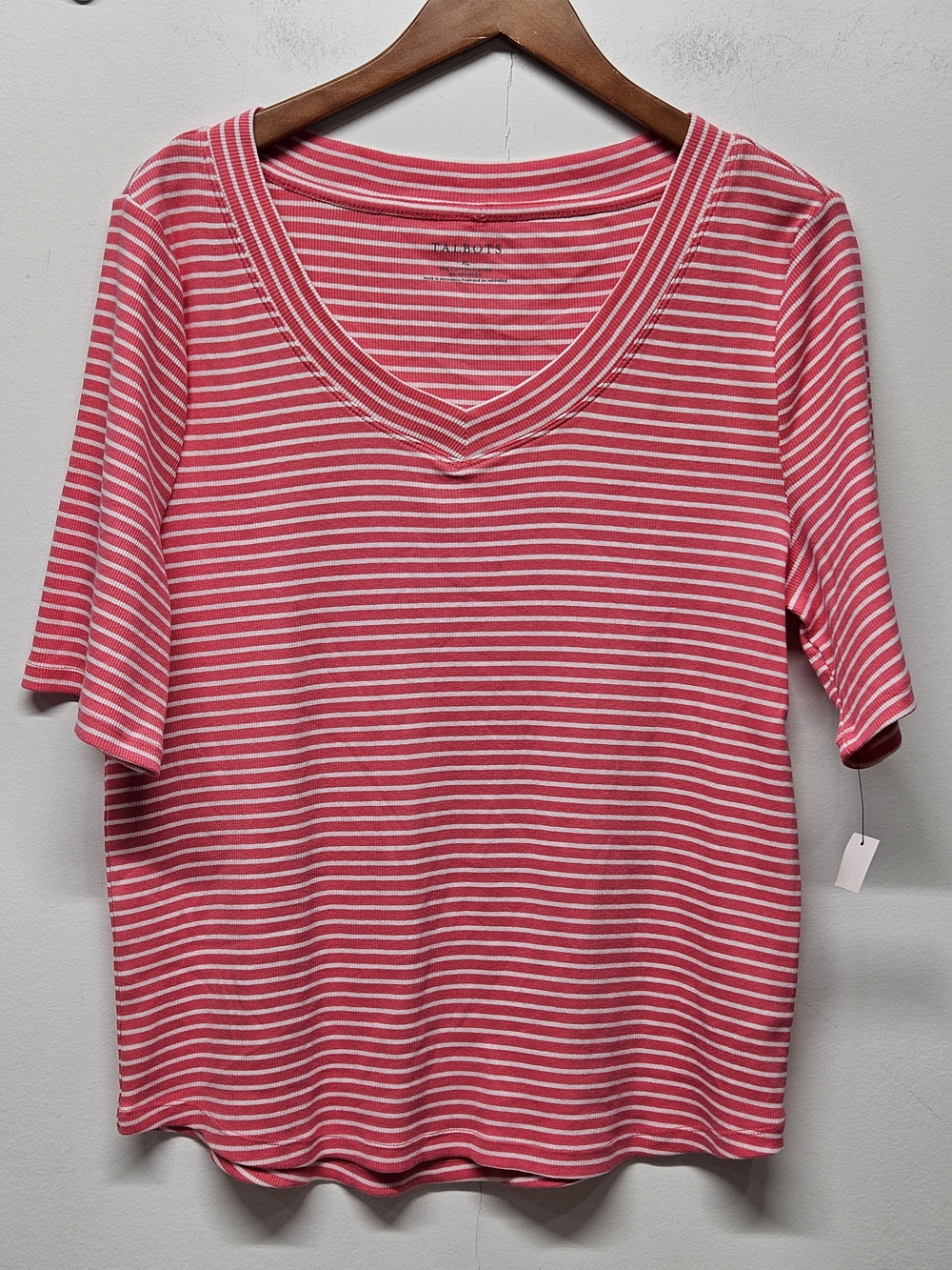 Talbots Pink Striped V-Neck Top Size XL Ribbed Cotton Blend Tee Classic Coastal